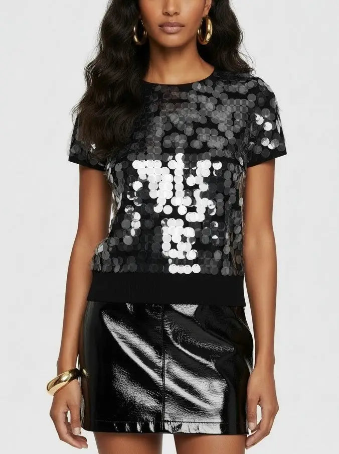 Paillette Black Short-Sleeve Knit Top - Small - Tops
