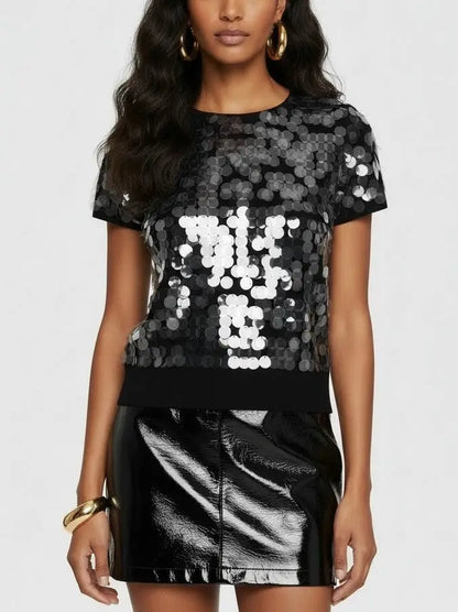 Paillette Black Short-Sleeve Knit Top - Small - Tops