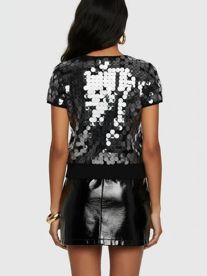 Paillette Black Short-Sleeve Knit Top - Tops
