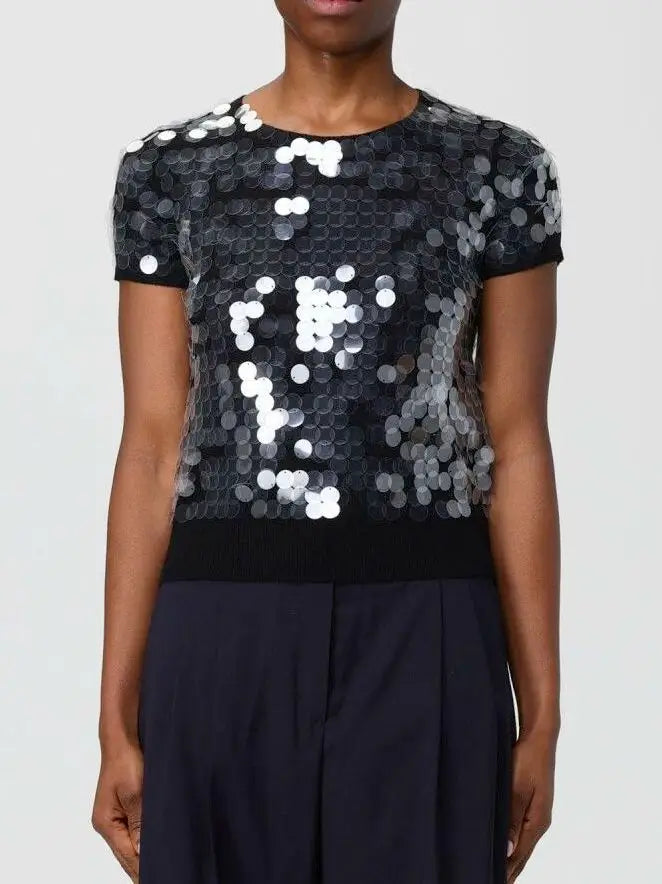 Paillette Black Short-Sleeve Knit Top - Tops