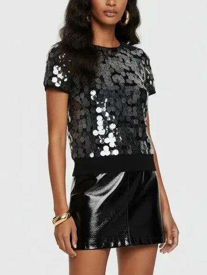 Paillette Black Short-Sleeve Knit Top - Tops