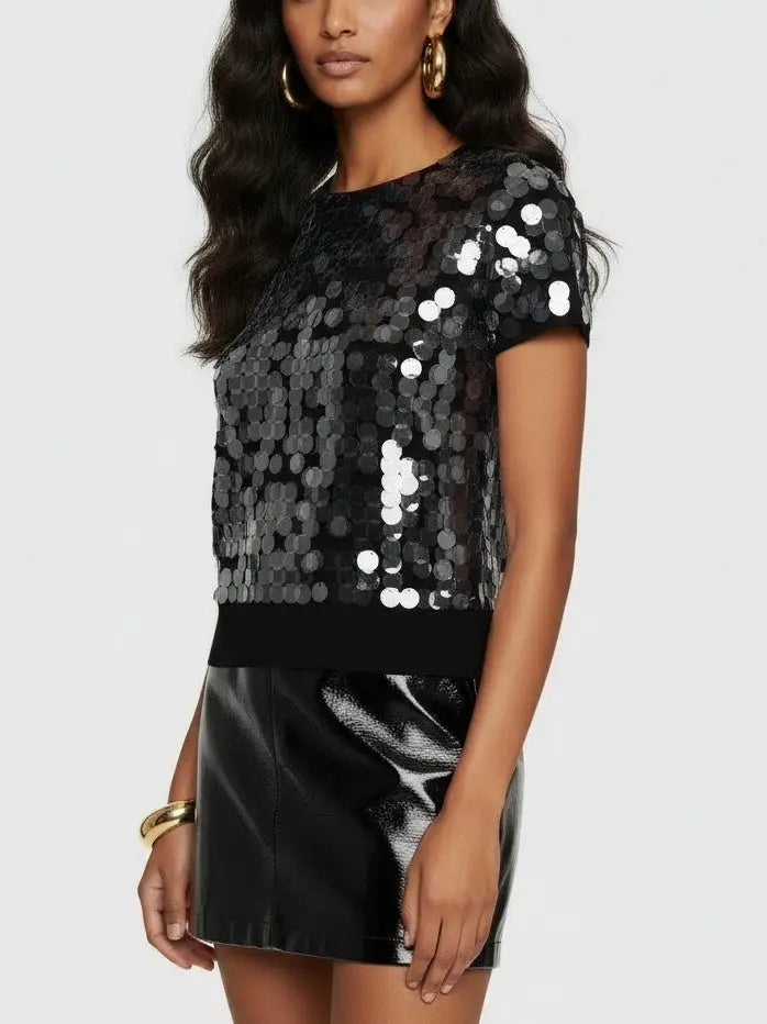 Paillette Black Short-Sleeve Knit Top - Tops