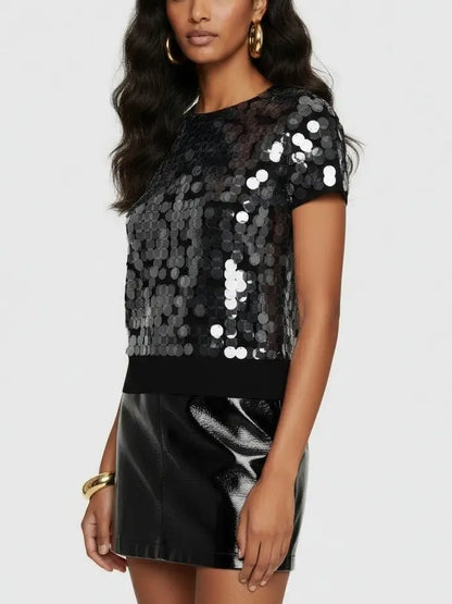 Paillette Black Short-Sleeve Knit Top - Tops