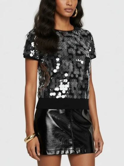 Paillette Black Short-Sleeve Knit Top - Tops
