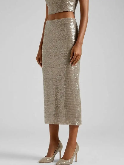 Paillette Embellished Silk Midi Skirt - Skirts