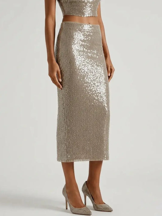 Paillette Embellished Silk Midi Skirt - Skirts