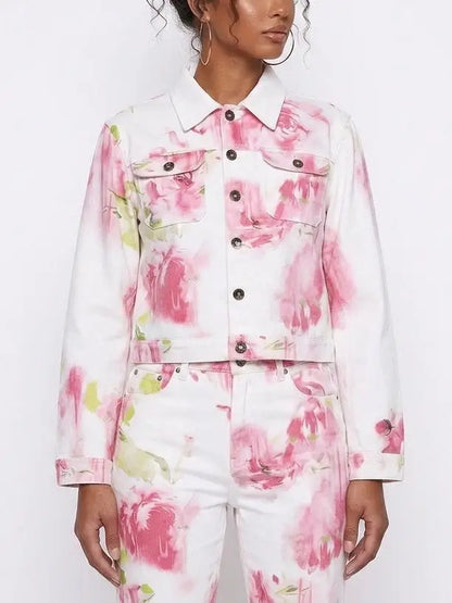 Painted Rose Print Denim Jacket - Jackets