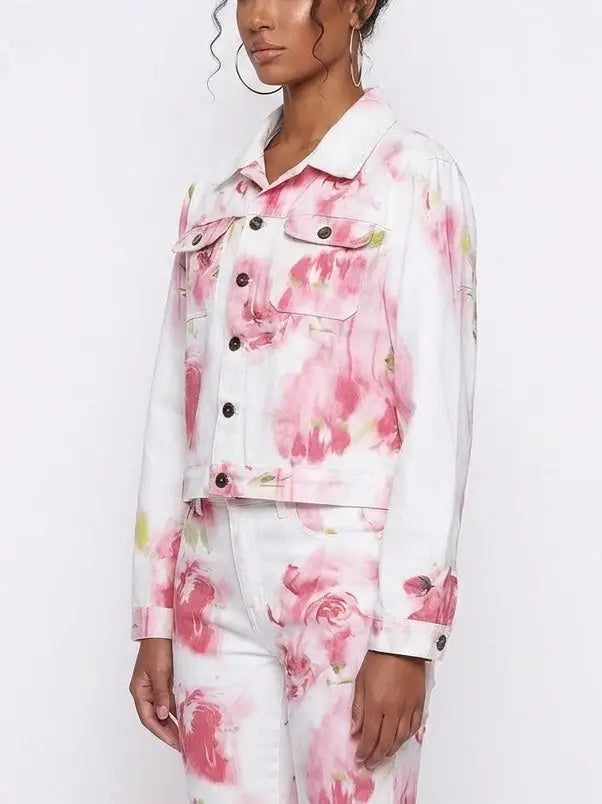 Painted Rose Print Denim Jacket - Jackets