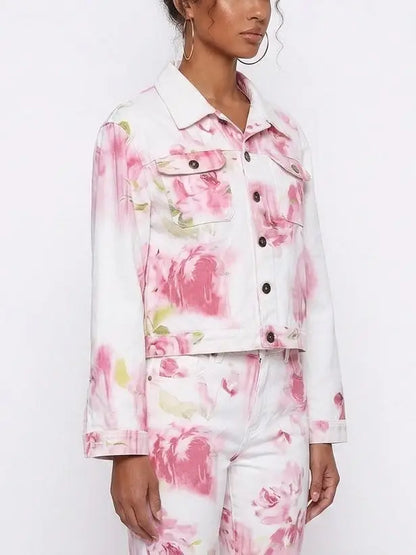 Painted Rose Print Denim Jacket - Jackets