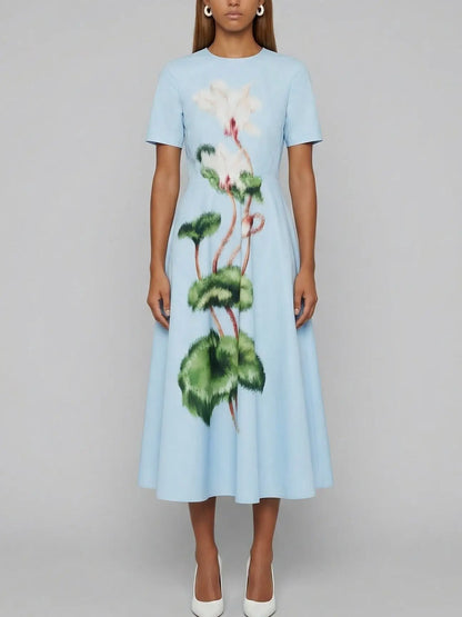 Painterly Botanical Panel Midi Dress in Light Blue - S - Dresses