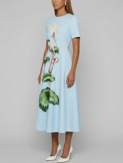 Painterly Botanical Panel Midi Dress in Light Blue - Dresses