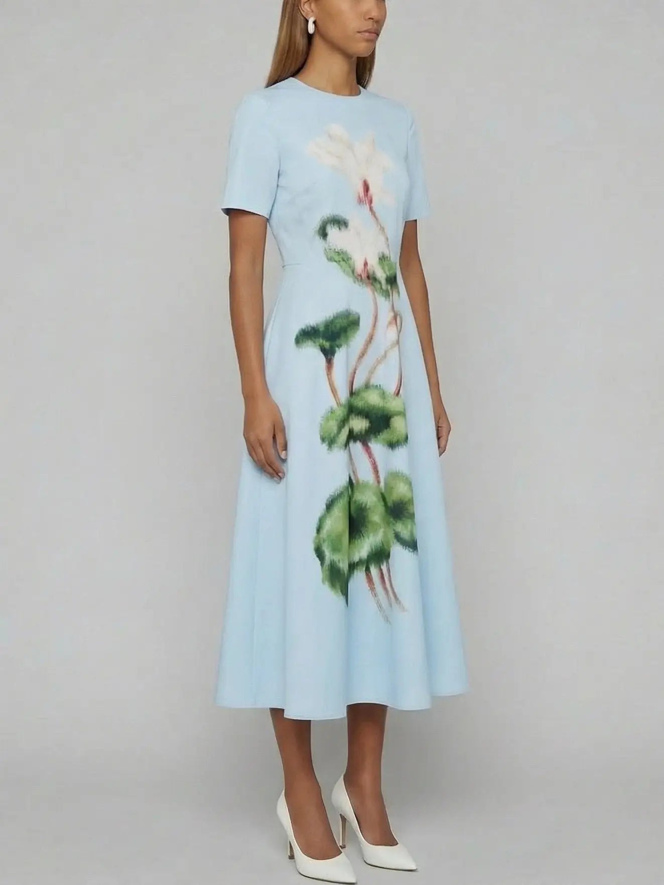 Painterly Botanical Panel Midi Dress in Light Blue - Dresses