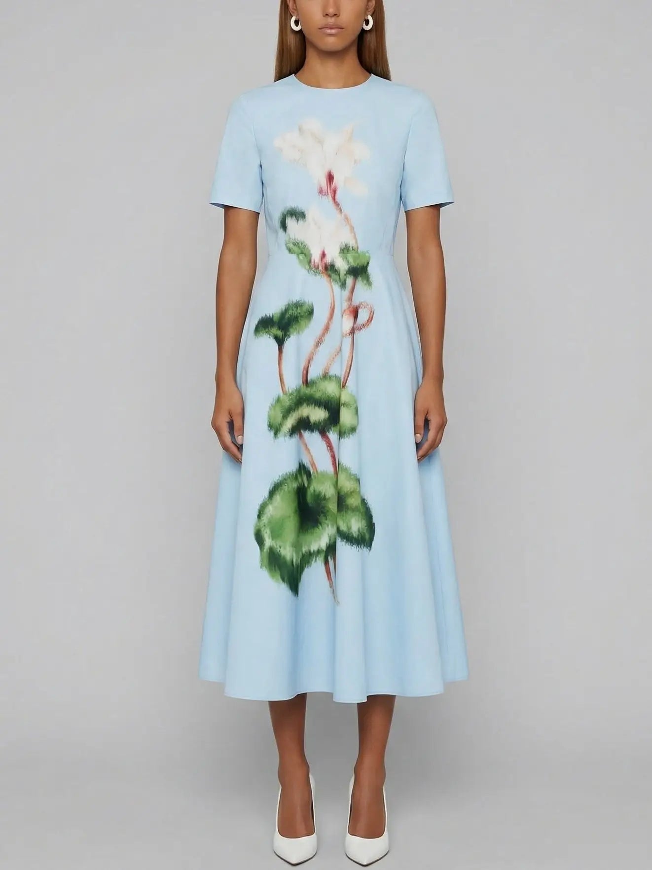 Painterly Botanical Panel Midi Dress in Light Blue - Dresses