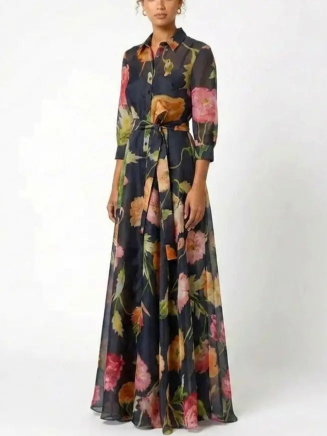Painterly Floral Silk Maxi Shirt Dress with Tie Belt - Dresses