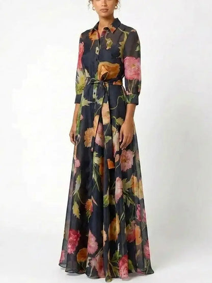 Painterly Floral Silk Maxi Shirt Dress with Tie Belt - Dresses