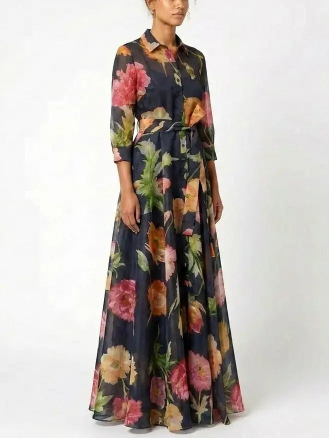 Painterly Floral Silk Shirt Maxi Dress with Tie Belt