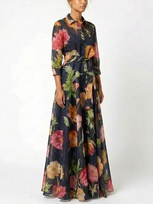 Painterly Floral Silk Maxi Shirt Dress with Tie Belt - Dresses