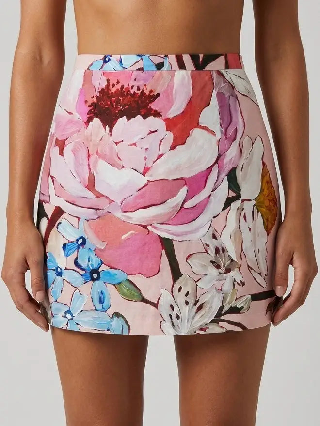Painterly Peony Print Mini Skirt - Skirts