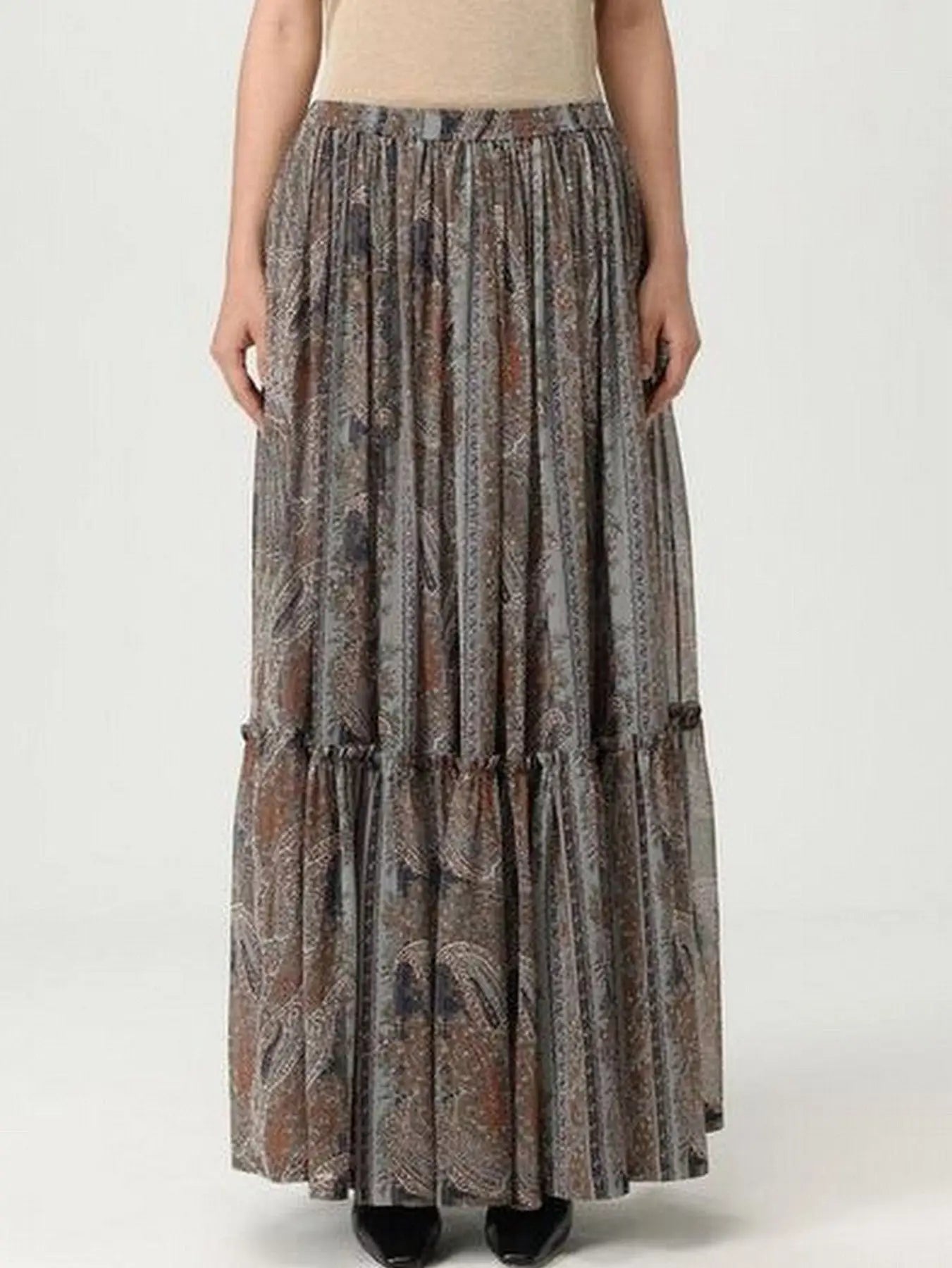 Paisley Print Pleated Long Silk Skirt - Small - Skirts