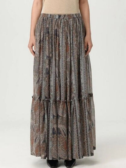 Paisley Print Pleated Long Silk Skirt - Small - Skirts
