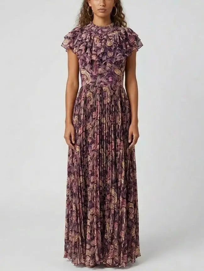 Paisley Ruffle Pleated Maxi Dress - S - Dresses