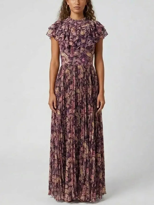 Paisley Ruffle Pleated Maxi Dress - S - Dresses