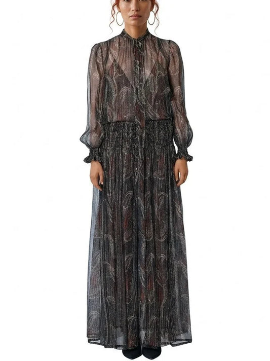 Paisley Silk Chiffon Maxi Dress with Tie Neck - S - Dresses