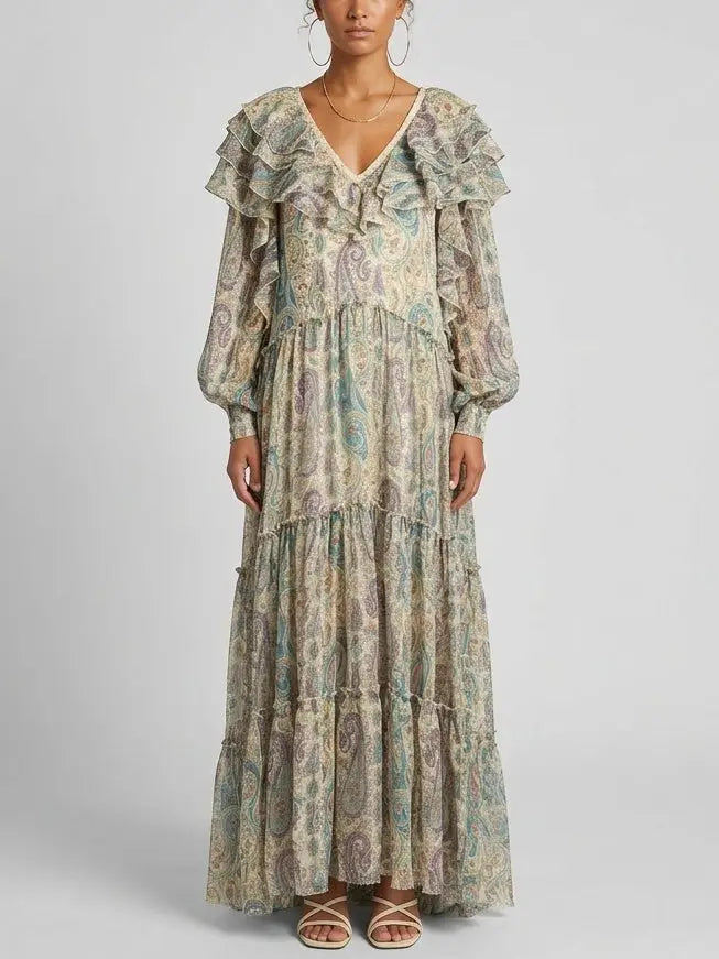 Paisley Silk Maxi Dress with Ruffle Trim and Open Back - S - Dresses