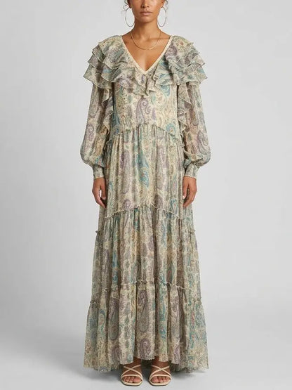 Paisley Silk Maxi Dress with Ruffle Trim and Open Back - S - Dresses
