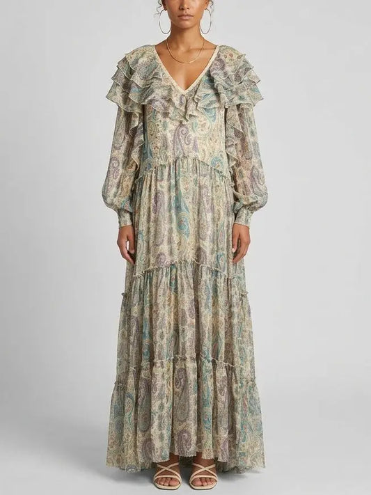 Paisley Silk Maxi Dress with Ruffle Trim and Open Back - S - Dresses