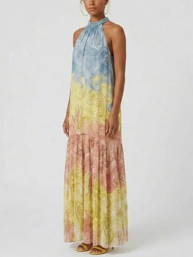 Paisley Print Braided Halter Maxi Dress - Dresses