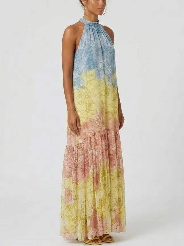 Paisley Print Braided Halter Maxi Dress - Dresses
