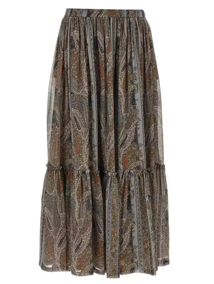 Paisley Print Pleated Long Silk Skirt - Skirts