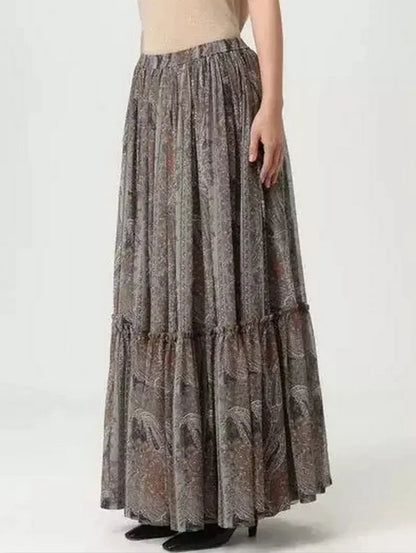Paisley Print Pleated Long Silk Skirt - Skirts