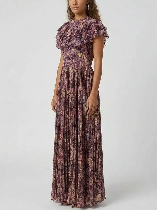 Paisley Ruffle Pleated Maxi Dress - Dresses