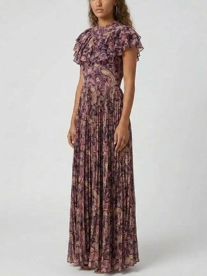 Paisley Ruffle Pleated Maxi Dress - Dresses