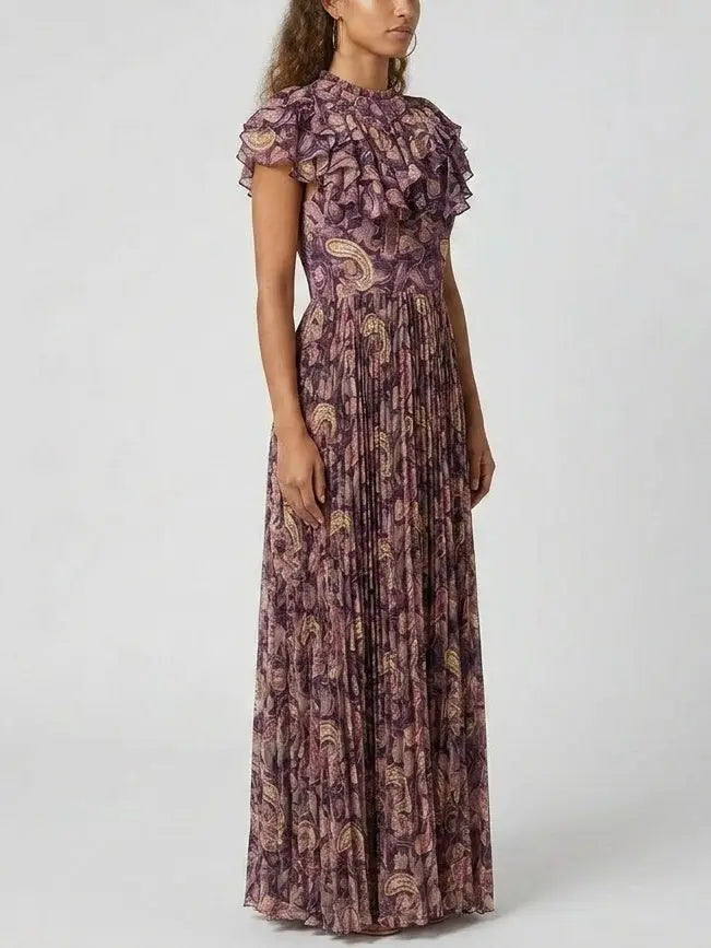 Paisley Ruffle Pleated Maxi Dress - Dresses