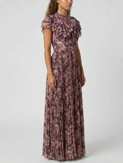 Paisley Ruffle Pleated Maxi Dress - Dresses