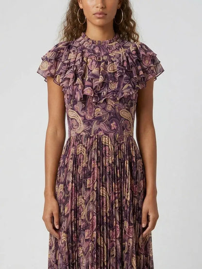 Paisley Ruffle Pleated Maxi Dress - Dresses