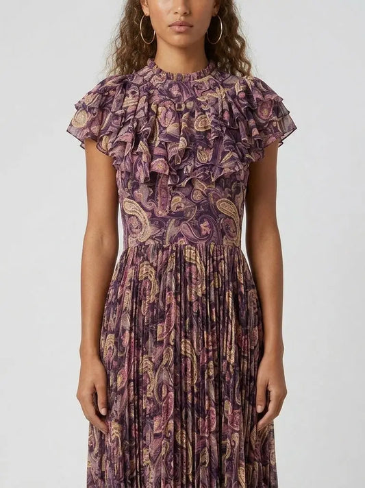 Paisley Ruffle Pleated Maxi Dress - Dresses
