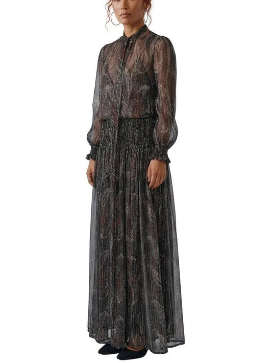 Paisley Silk Chiffon Maxi Dress with Tie Neck - Dresses