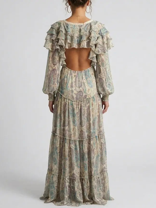 Paisley Silk Maxi Dress with Ruffle Trim and Open Back - Dresses