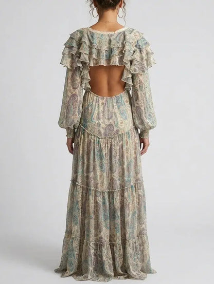 Paisley Silk Maxi Dress with Ruffle Trim and Open Back - Dresses