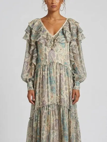 Paisley Silk Maxi Dress with Ruffle Trim and Open Back - Dresses