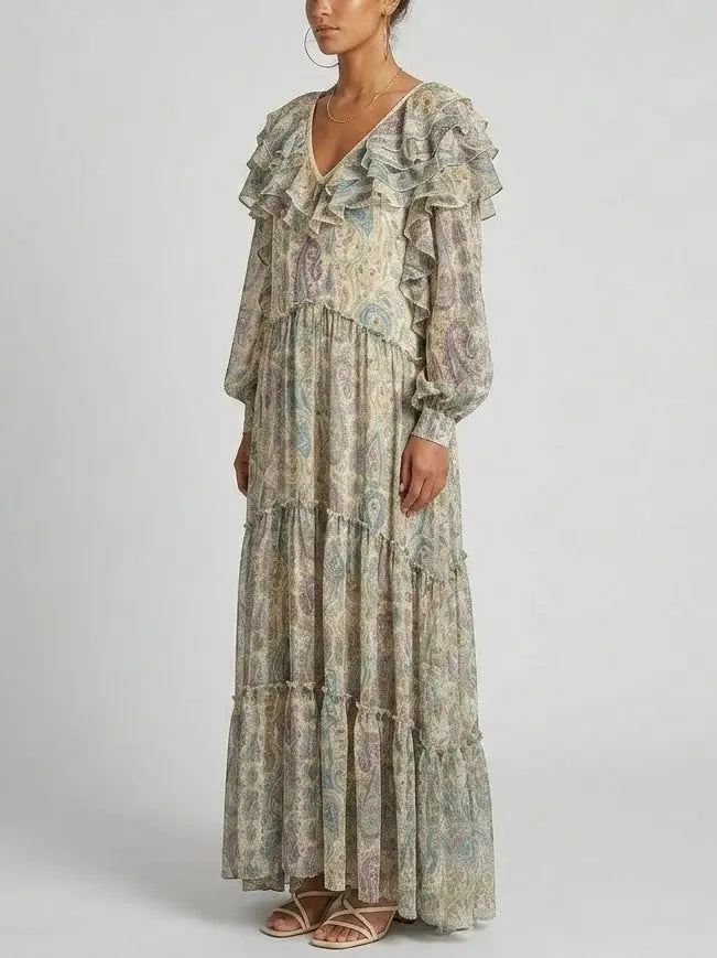 Paisley Silk Maxi Dress with Ruffle Trim and Open Back - Dresses
