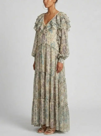 Paisley Silk Maxi Dress with Ruffle Trim and Open Back - Dresses