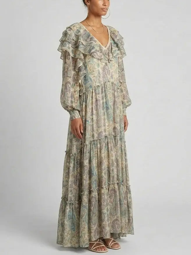 Paisley Silk Maxi Dress with Ruffle Trim and Open Back - Dresses