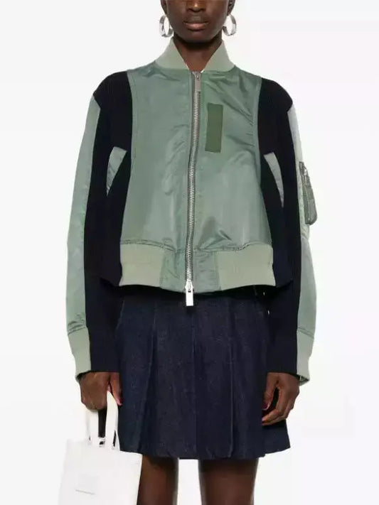 Paneled Bomber Jacket in Army Green and Navy Blue - Branna Couture