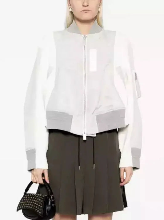 Paneled Bomber Jacket in White and Light Gray - Branna Couture