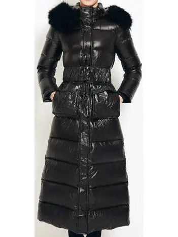 Paneled Puffer Coat with Removable Fur, Black - Branna Couture